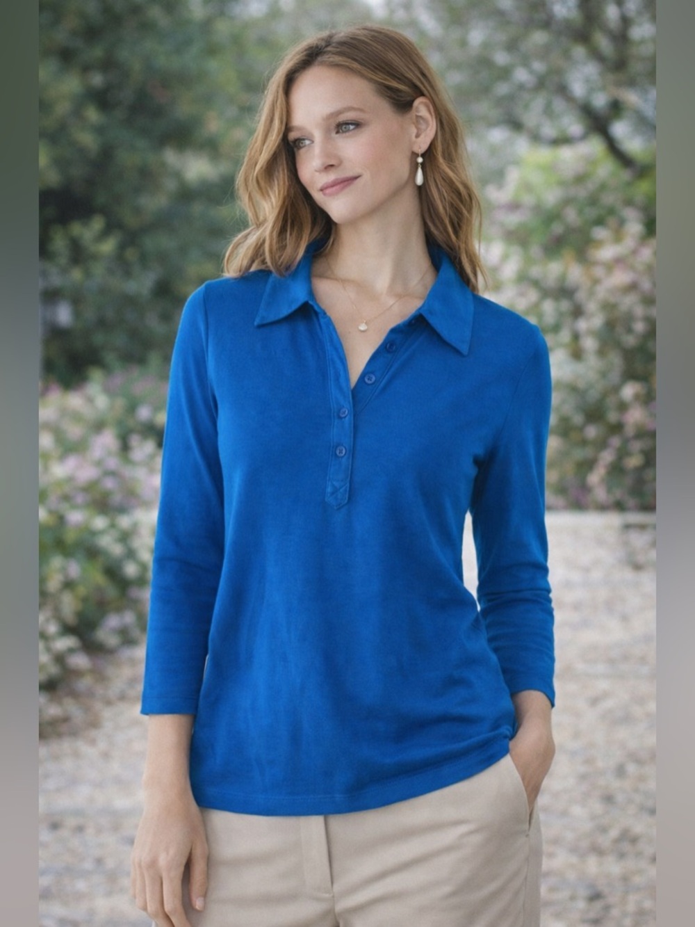 NWT Studio Works Peacock Blue 100% Cotton 3/4 Sleeve Top Size Large